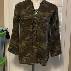 Wishful Park Camouflage Lace-Up Blouse
